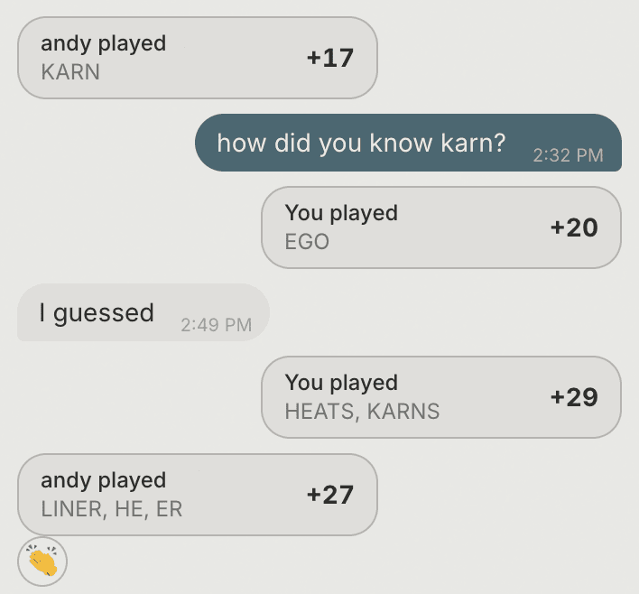 Game chat showing a move card, a typed message, and an emoji reaction.
