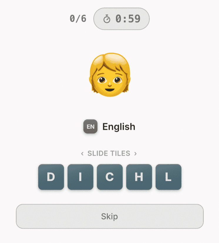 Mid-game: an emoji clue above scrambled letter tiles for English, with the countdown timer running and a Skip button below.