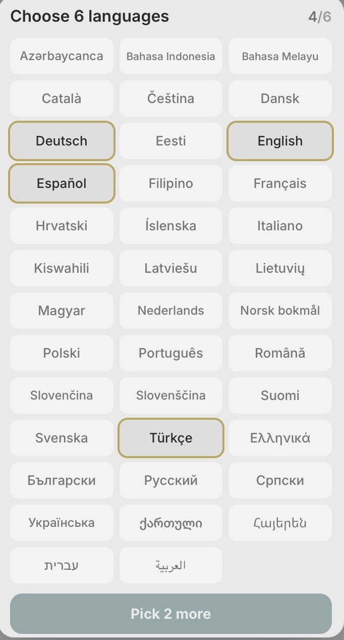 The TongueTied Daily language picker, titled 'Choose 6 languages', showing all 38 languages — from Azərbaycanca, Bahasa Indonesia and Català through Deutsch, English, Español and Türkçe to Русский, Українська, עברית and العربية
