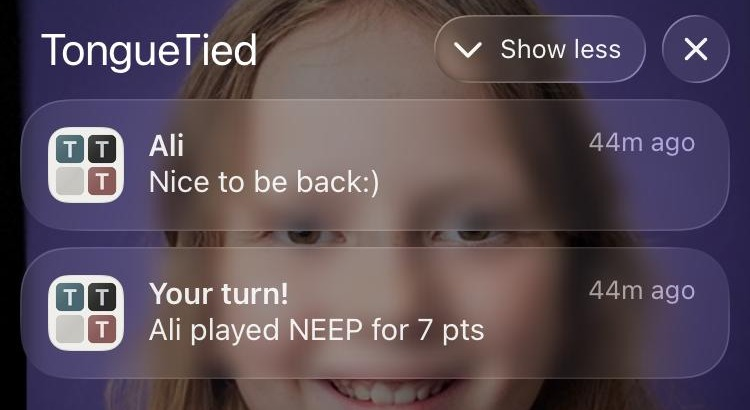 TongueTied notification settings screen showing email and push toggles