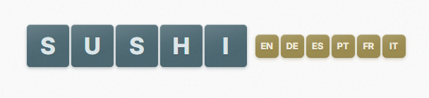 TongueTied tiles spelling SUSHI, alongside language badges for English, German, Spanish, Portuguese, French, and Italian