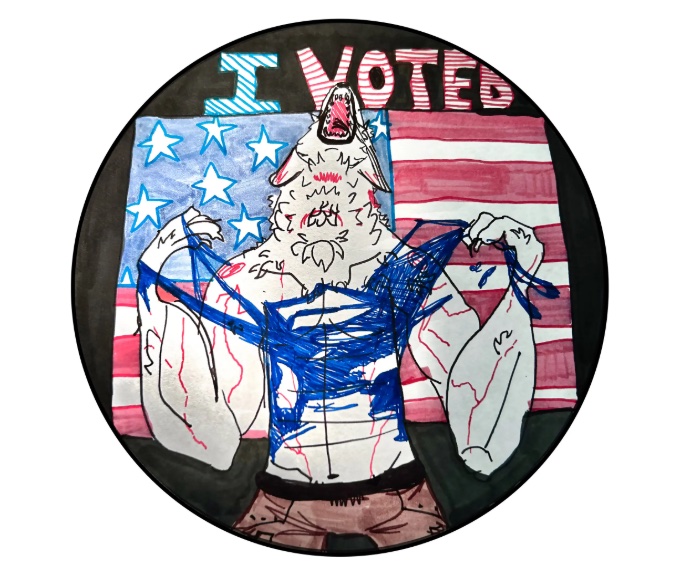 A hand-drawn circular 'I VOTED' sticker showing a howling werewolf in a shredded blue shirt, its arms outstretched, standing in front of an American flag