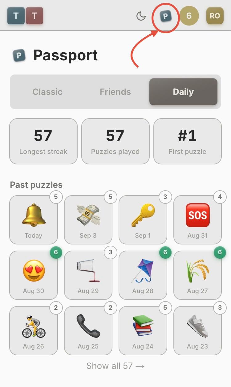 The TongueTied Passport page with the 'P' tile in the top navigation circled and an arrow pointing to it, showing streak and puzzles-played stats above a grid of past Daily puzzles